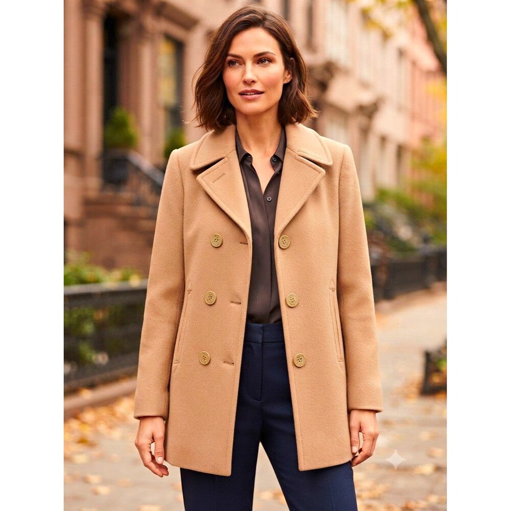 Talbots Petites Beige Wool Pea Coat 6P  Mid-Length Preppy Nautical Academia